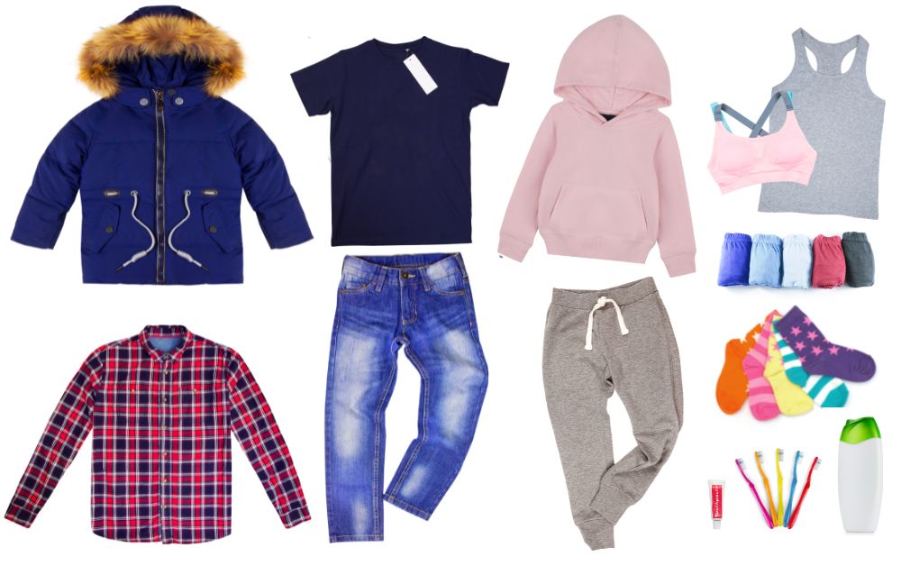 A picture of kids clothing layed out flat